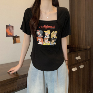 RM9746#大码方领短袖T恤女夏季辣妹纯欲设计感小众上衣女