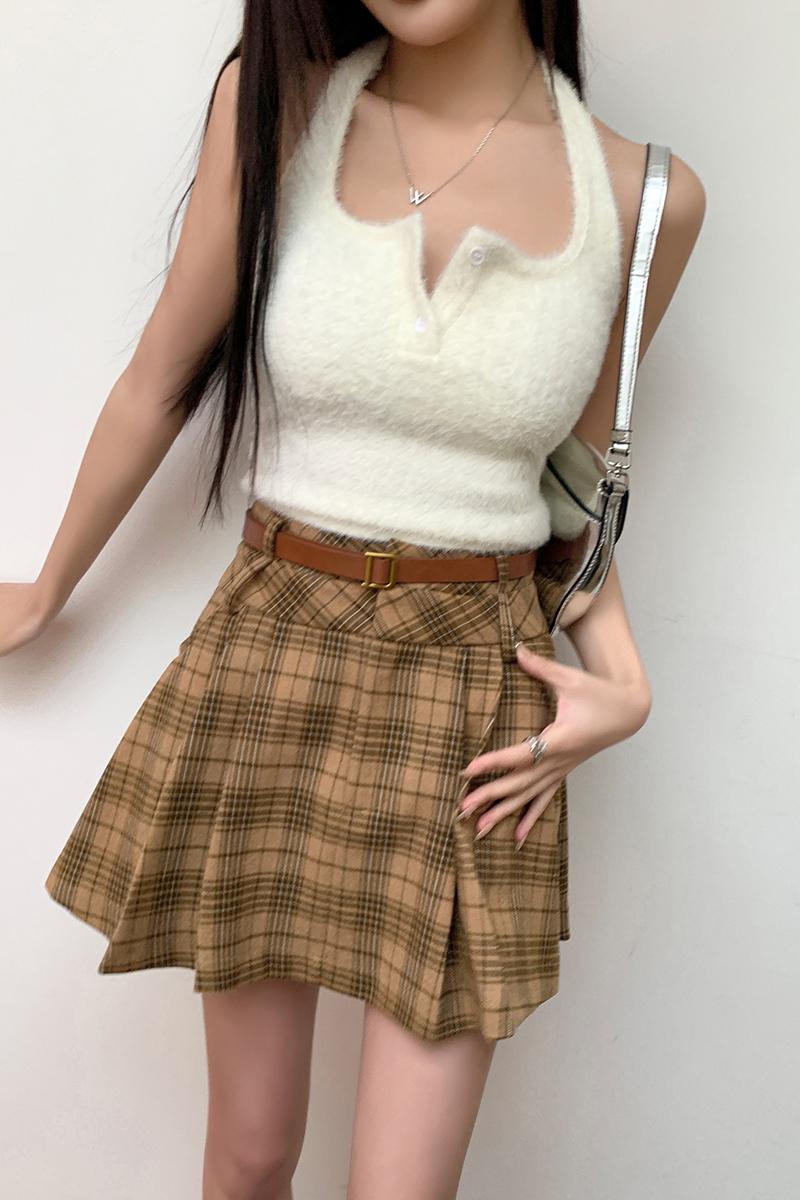 Actual shot of 2024 spring and summer new plaid woolen pleated skirt high-waisted hip-covering anti-exposure A-line skirt