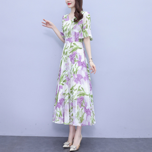 RM19377#V领茶歇法式超仙洋气印花雪纺连衣裙女2023新款夏季短袖气质长裙