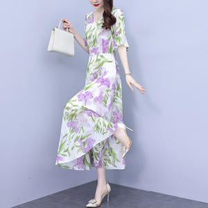 RM19377#V领茶歇法式超仙洋气印花雪纺连衣裙女2023新款夏季短袖气质长裙