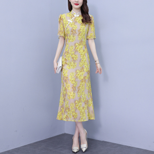 RM19378#改良旗袍夏款2023年新款春夏年轻款短袖时尚碎花雪纺连衣裙长款
