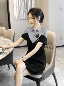 RM12313#黑色Polo领拼接连衣裙2023女新款气质高级感小个子连衣裙夏季欧货