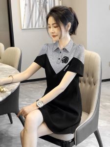 RM12313#黑色Polo领拼接连衣裙2023女新款气质高级感小个子连衣裙夏季欧货