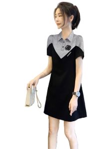 RM12313#黑色Polo领拼接连衣裙2023女新款气质高级感小个子连衣裙夏季欧货