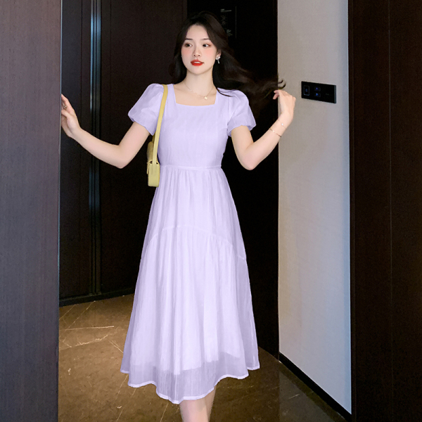 RM11789#高级质感紫色连衣裙2023夏季新款显瘦女泡泡袖a字裙中长裙
