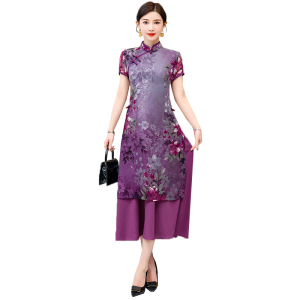 RM7159#新款奥黛连衣裙新中式旗袍女夏季短袖改良长款年轻妈妈蓝色高级感