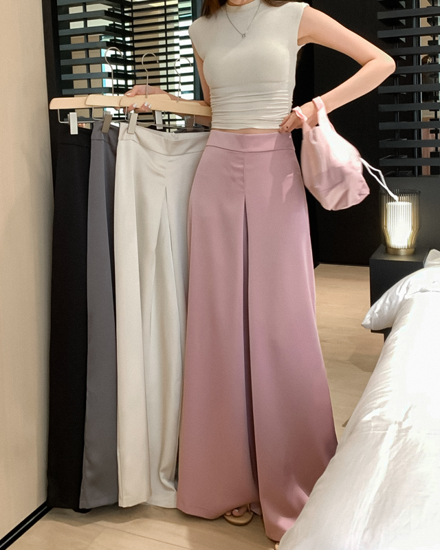 Actual shot of new spring style high-end solid color silky satin drape casual wide-leg pants