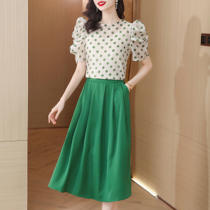 TR33185# 名媛高级感套装裙女夏新款波点上衣绿色半裙三件套 服装批发女装批发服饰货源