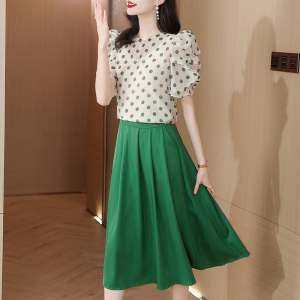 TR33185# 名媛高级感套装裙女夏新款波点上衣绿色半裙三件套 服装批发女装批发服饰货源