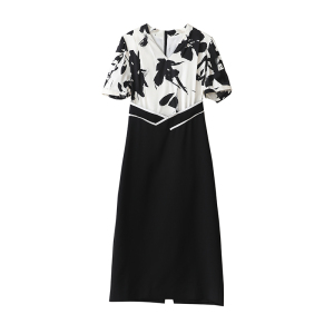 RM8012#印花黑色连衣裙夏季法式优雅气质高腰显瘦西装裙子职业装