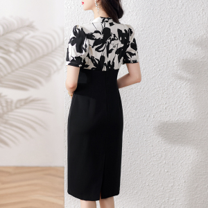 RM8012#印花黑色连衣裙夏季法式优雅气质高腰显瘦西装裙子职业装
