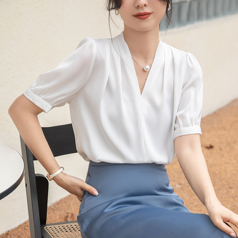 實拍2026夏季新款韓版百搭V領短袖緞面襯衫女上衣夏