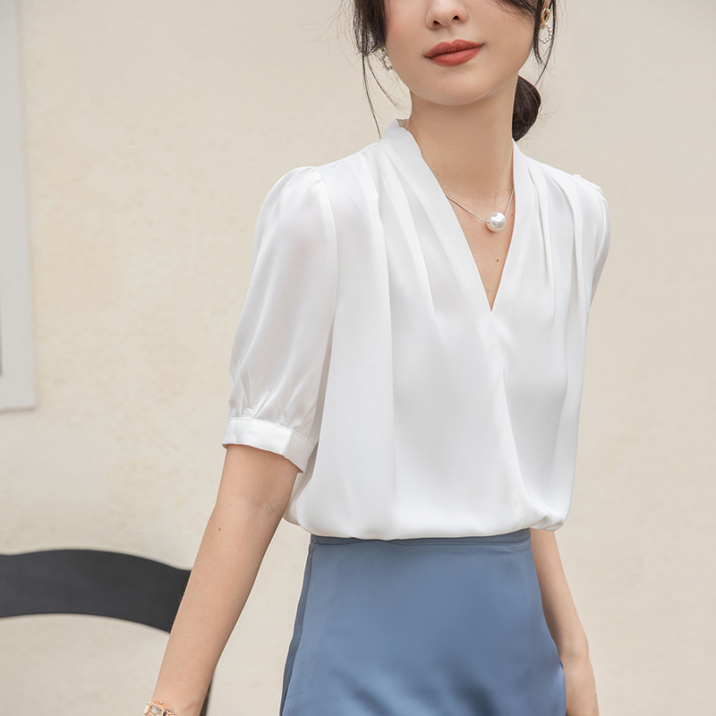 實拍2026夏季新款韓版百搭V領短袖緞面襯衫女上衣夏