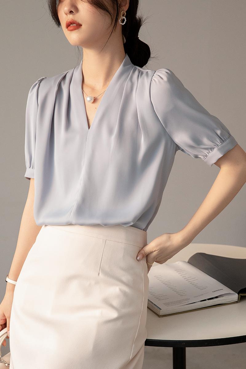 實拍2026夏季新款韓版百搭V領短袖緞面襯衫女上衣夏