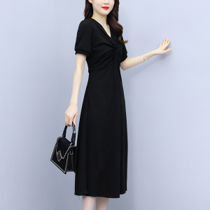 RM8435#大码夏季新款针织长款连衣裙胖mm显瘦v领打底裙子法式黑长裙