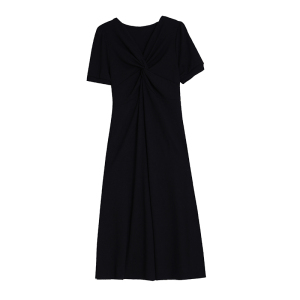 RM8435#大码夏季新款针织长款连衣裙胖mm显瘦v领打底裙子法式黑长裙