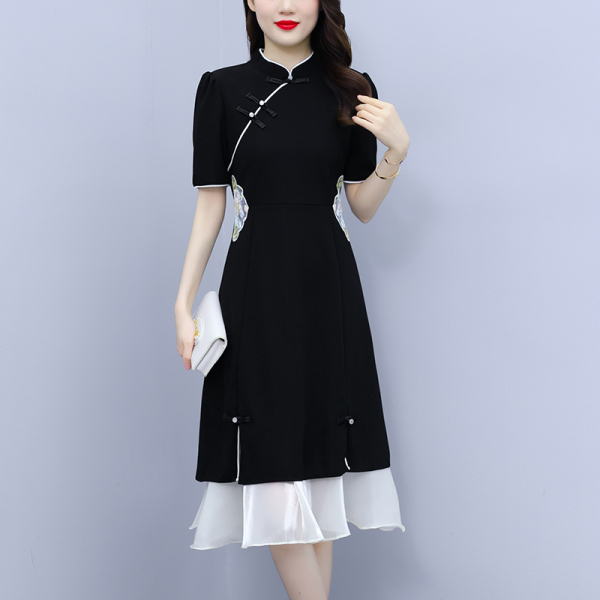 RM8437#大码中式复古绣花拼接改良旗袍裙高级感荷叶边黑色网纱连衣裙