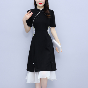 RM8437#大码中式复古绣花拼接改良旗袍裙高级感荷叶边黑色网纱连衣裙