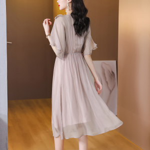 RM7689#重磅真丝连衣裙女中长款2023年新款高端修身100%桑蚕丝高级感长裙
