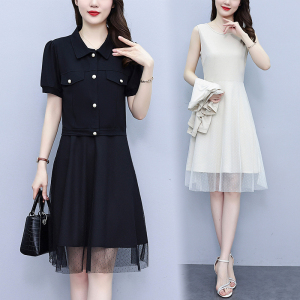 RY1854#大码女装胖mm2023夏季新款韩版洋气短袖网纱拼接连衣裙两件套