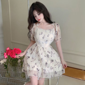 Real time photo of Fairy Little Fresh Bubble Short Sleeve Gentle Pure Lust Wind Sexy Sweet Chiffon Fragmented Flower Dre