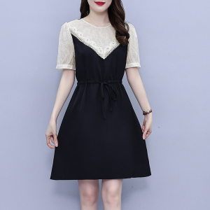 RM10528#大码女装2023夏季新款圆领遮肉减龄气质收腰拼接连衣裙女