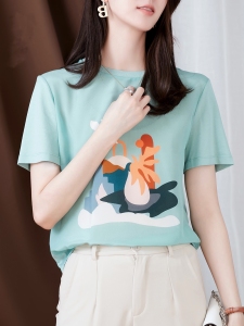 RM7305#真丝短袖女T恤抽象人物印花2023夏季新款前后拼接圆领桑蚕丝上衣