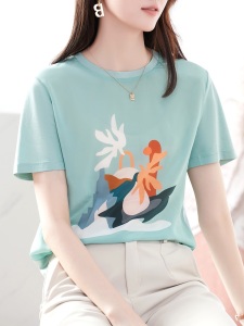 RM7305#真丝短袖女T恤抽象人物印花2023夏季新款前后拼接圆领桑蚕丝上衣