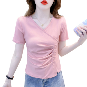 RM7244#短款上衣女2023法式修身不规则皱褶设计感短袖t恤