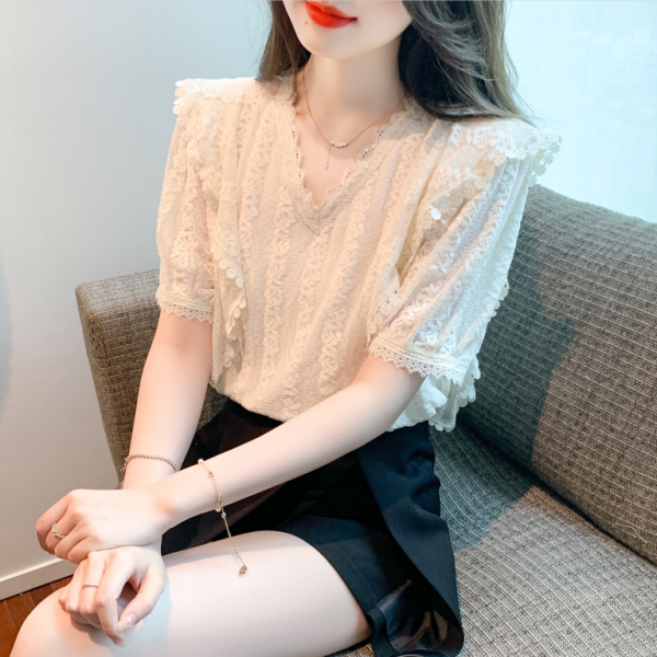 RM7188#夏季新款韩版V领蕾丝衫雪纺衫荷叶边短袖洋气甜美小衫