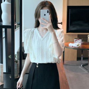 RM7188#夏季新款韩版V领蕾丝衫雪纺衫荷叶边短袖洋气甜美小衫