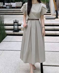 TR28880# 韩版chic简约短袖圆领套头夏季纯色X型连衣裙长裙 服装批发女装批发服饰货源