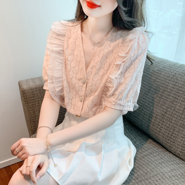 RM7189#夏季新款韩版V领荷叶边蕾丝衫雪纺衫气质短袖甜美小衫