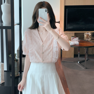 RM7189#夏季新款韩版V领荷叶边蕾丝衫雪纺衫气质短袖甜美小衫