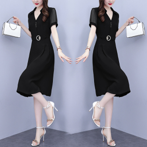 RM8744#大码女装2023夏季新款气质时尚POLO领中长款收腰显瘦连衣裙女