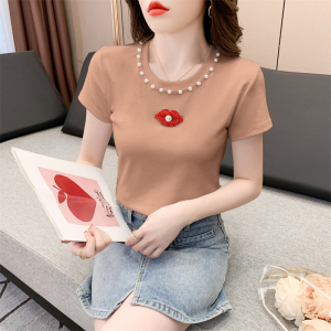 RM15350#夏装新款休闲百搭口红装饰订珠领重工短袖T恤上衣女