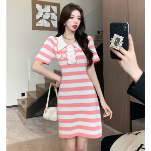 Fashion casual lapel short sleeved striped dress