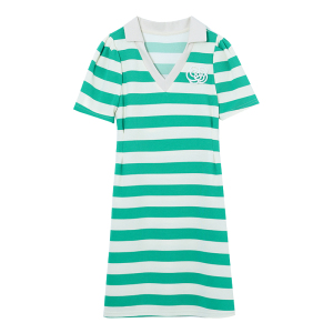 TR34785# 法式v领短袖t恤连衣裙收腰显瘦女夏季新款polo领绿色条纹裙子