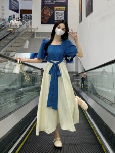 RM7436#大码女装中式国风复古气质短袖连衣裙夏季收腰显瘦a子长裙