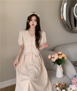 RM10067#新款韩版气质假两件优雅拼接假两件连衣裙小众小香风长裙