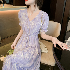 RM13299#法式碎花连衣裙女2023春夏季新款女装收腰度假风海边紫色长裙