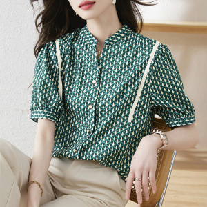 TR34899# 复古法式短袖衬衫女夏季新款洋气绿色印花V领休闲上衣