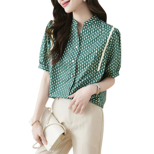 TR34899# 复古法式短袖衬衫女夏季新款洋气绿色印花V领休闲上衣