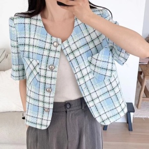 TR22729# 韩国chic小香风格子短袖短外套女 服装批发女装服饰货源