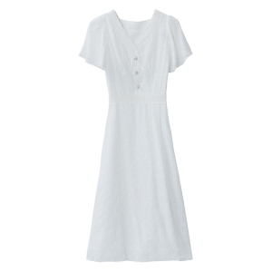 RM8307#白色蕾丝连衣裙女夏装潮流v领显瘦过膝女人味拼接a字裙子