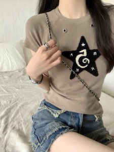 TR24735# 春夏韩版修身五角星镂空设计感辣妹纯棉短袖女T恤上衣