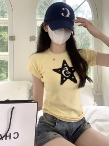 TR24735# 春夏韩版修身五角星镂空设计感辣妹纯棉短袖女T恤上衣