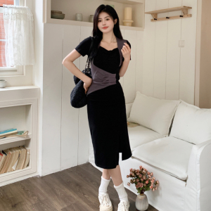 RM7370#大码设计感拼接短袖连衣裙夏季修身显瘦中长款阴影修容裙
