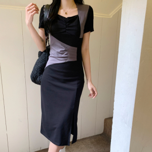 RM7370#大码设计感拼接短袖连衣裙夏季修身显瘦中长款阴影修容裙