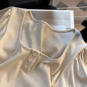 TR23512# 夏季新款女装T恤短款法式方领泡泡袖修身显瘦 服装批发女装服饰货源